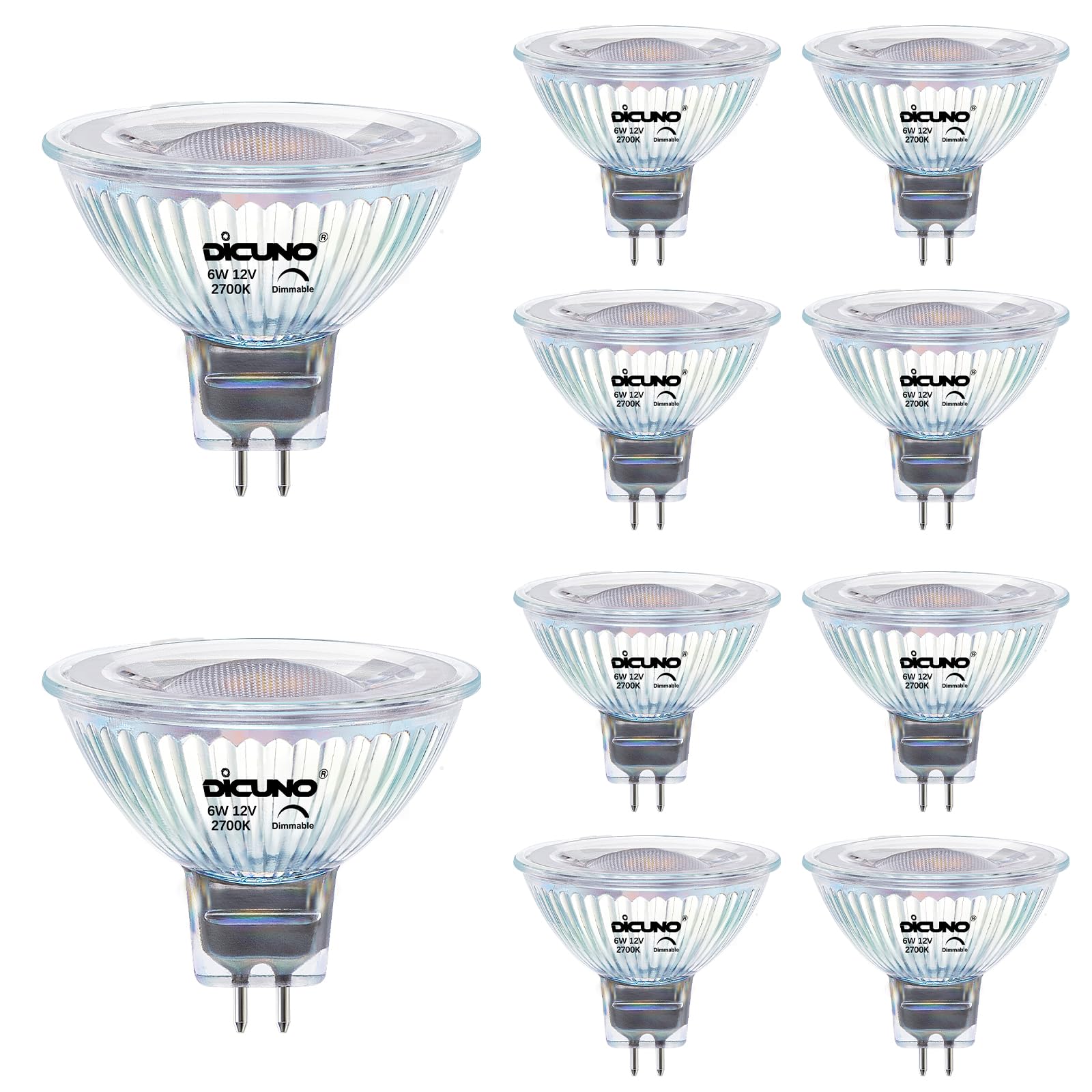 DiCUNO Lampadina LED GU5.3 Dimmerabile, 6W=60W, 2700K, 420lm, 10 Pezzi | Bianco caldo, Lampadine GU5.3 MR16, 12V, Fascio 40°, per faretti da incasso, controsoffitti e vetrine