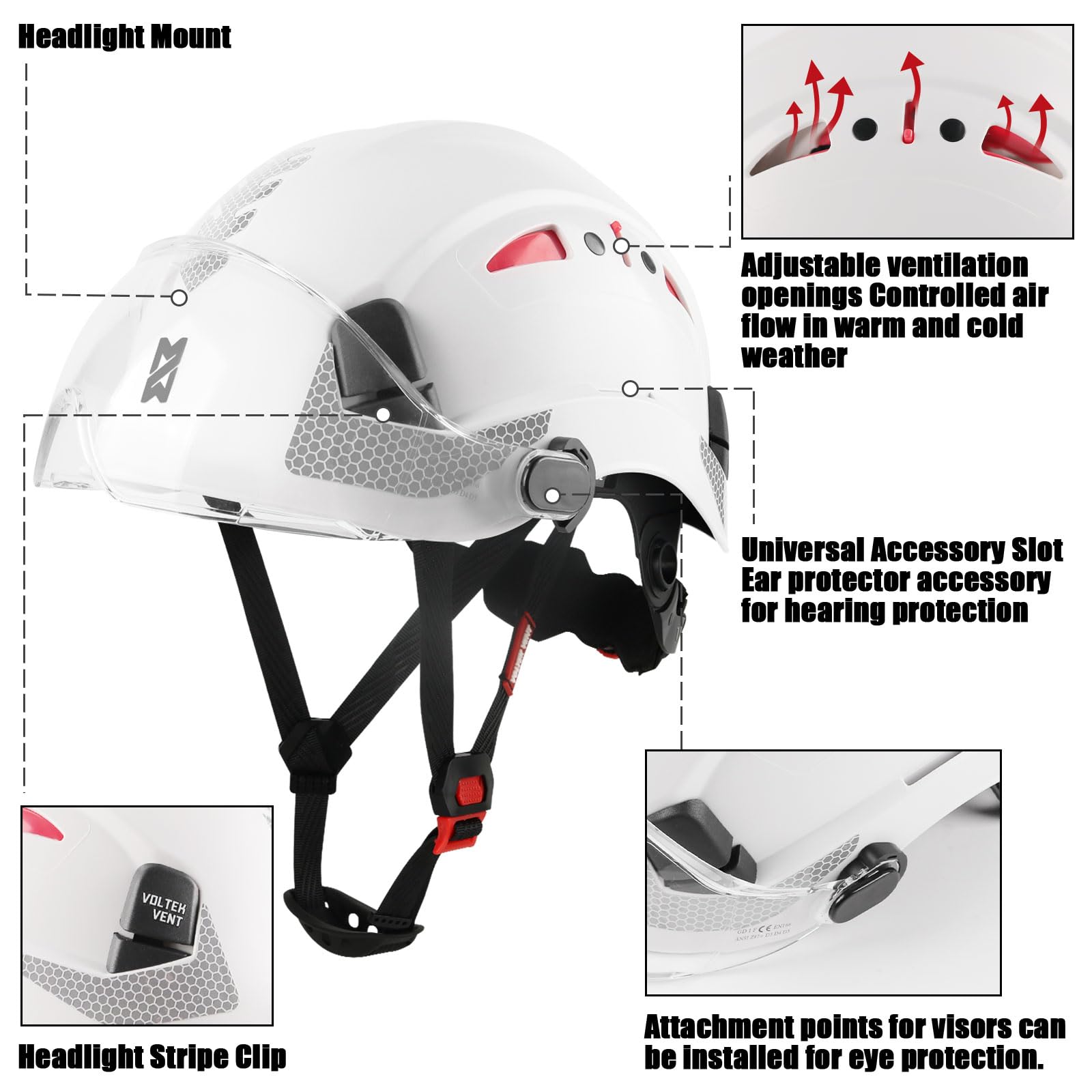 HEARMOR Casco protettivo per caschi da cantiere, EN 397, casco da lavoro ventilato per adulti, sistema a cricchetto regolabile con visiera opzionale trasparente e fumo
