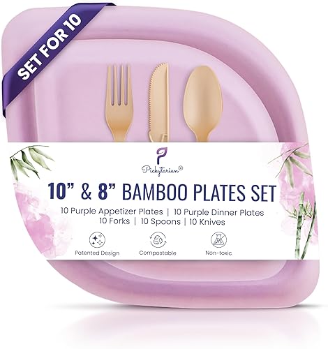 Platos desechables de color morado elegante para fiestas y eventos de boda  Juego de 50 platos y cubiertos de bambú de primera calidad (10 de cada
