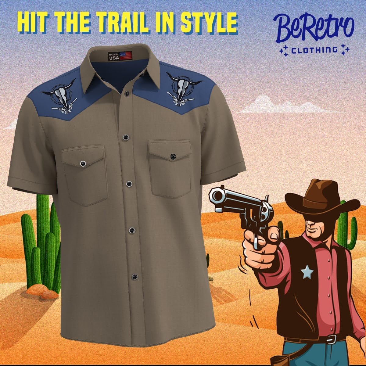 Cowboy Shirts for Men - Bison Skull Short Sleeve Button Down Mens Shirt - Wetern Themed Premium Quality Made in USA