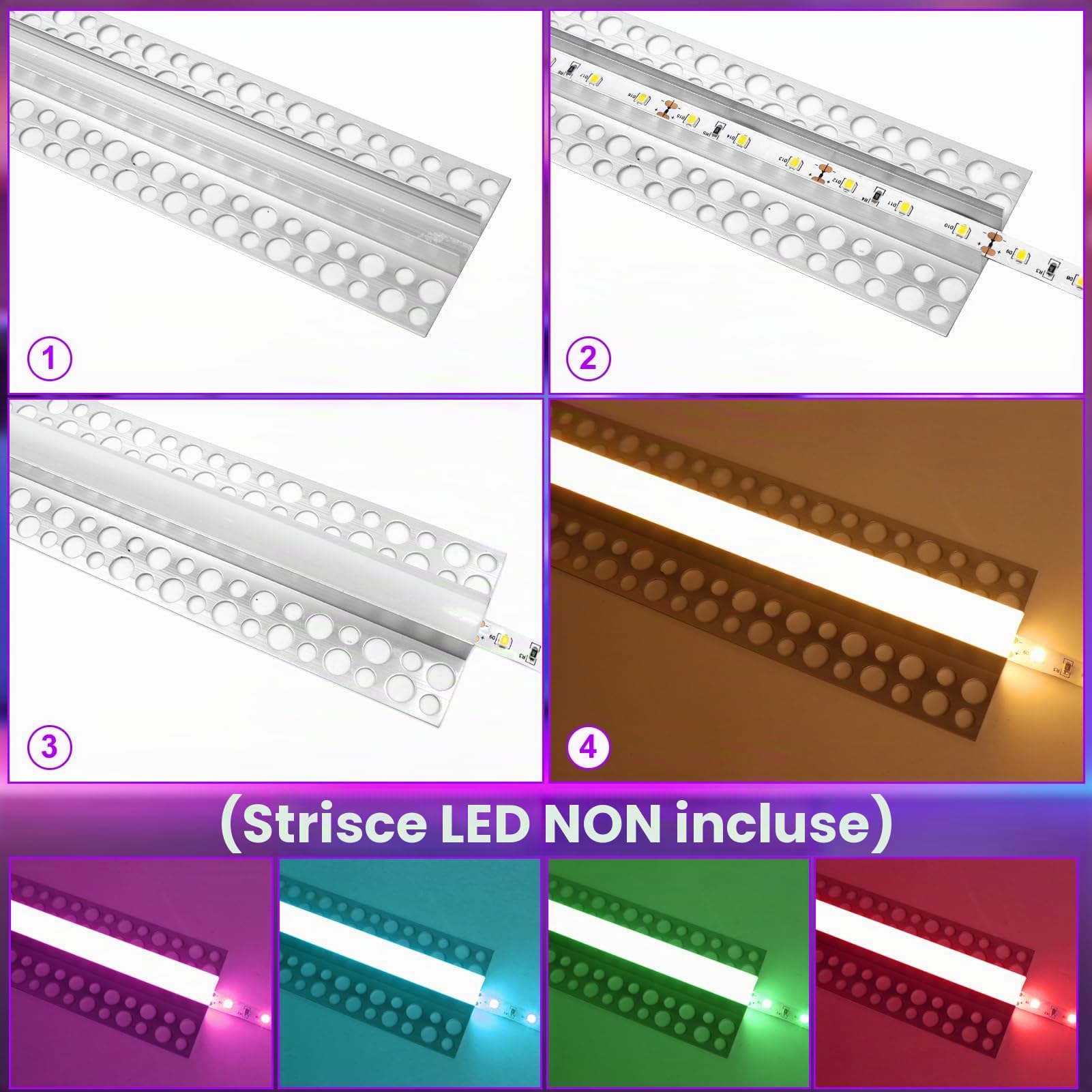 Profilo LED intonacato, confezione da 4, canale LED in alluminio da 1 m, con diffusore lattiginoso per strisce LED da 12 mm, profilo da incasso in cartongesso senza finiture per soffitti e