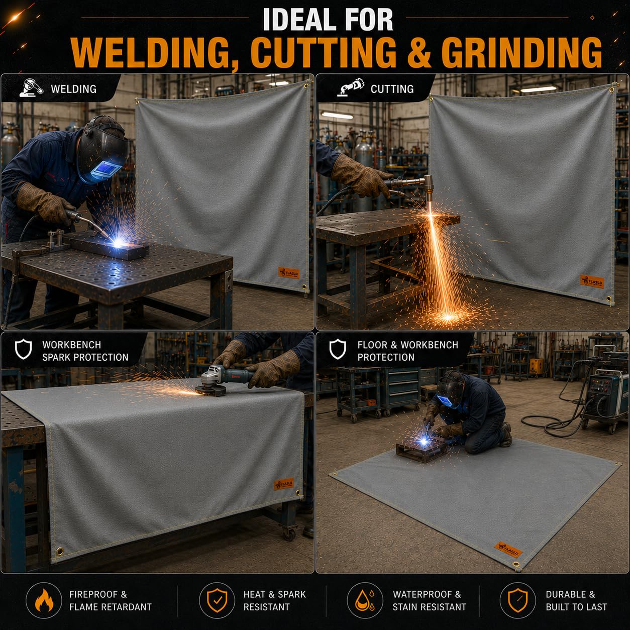 FLASLD Manta de Soldadura Resistente de 183 x 244 cm, Manta ignífuga con Revestimiento de Silicona Grande Que Protege el área de Trabajo de chispas, Tela ignífuga de hasta 2000 °F