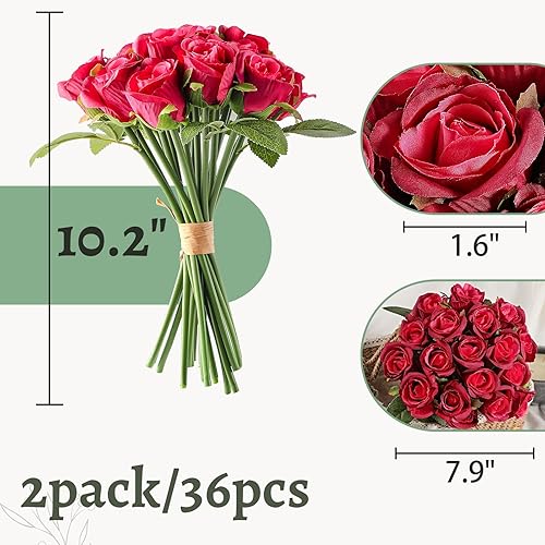 Miniatura 2 de ZMZQ&flw 2 ramos de flores artificiales, 36 cabezas, rosas rojas de seda, flores falsas de un solo tallo para bodas al aire libre