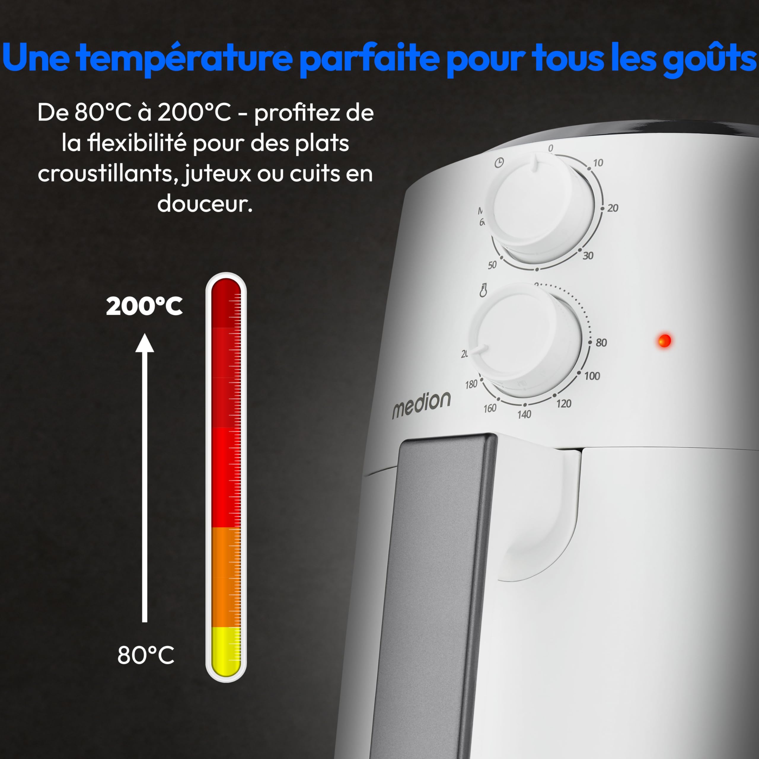 MEDION Air Fryer P30 L (4,7 L, 1500 W, petit et facile à utiliser avec les boutons rotatifs, minuteur de 60 min, jusqu'à 200°C) noir