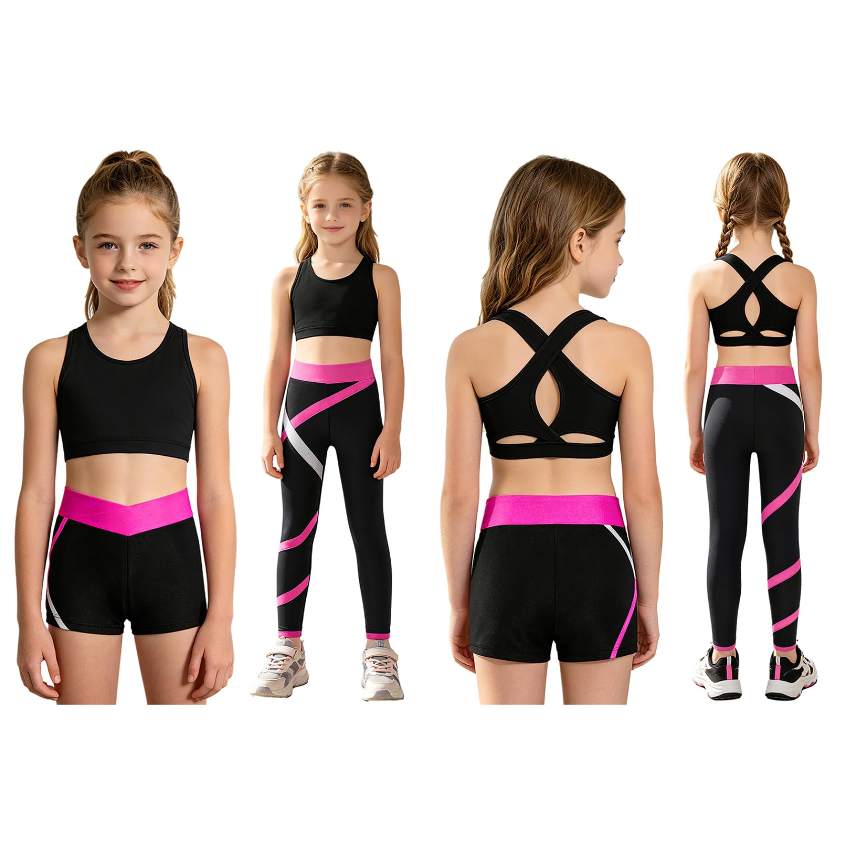 Chándal infantil para niña, sujetador deportivo y leggings con pantalones cortos, ropa deportiva elástica, conjunto de yoga, fitness, correr, danza