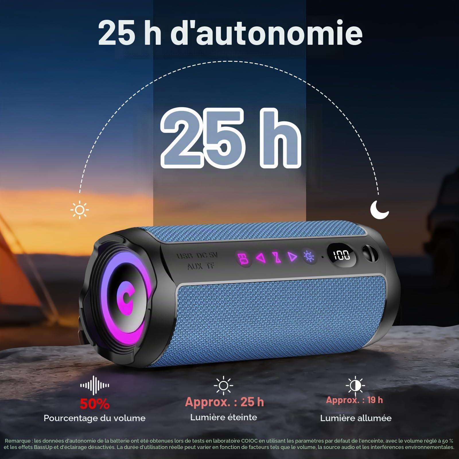 Enceinte Bluetooth Puissante 5.4 sans Fil avec Bass Puissantes, Haut-Parleur Portable 25W, LED Écran, Autonomie 25H,Son Surround à 360 degrés,Appairage TWS,AUX,TF Carte,pour l'extérieur/La Fête/Voyage