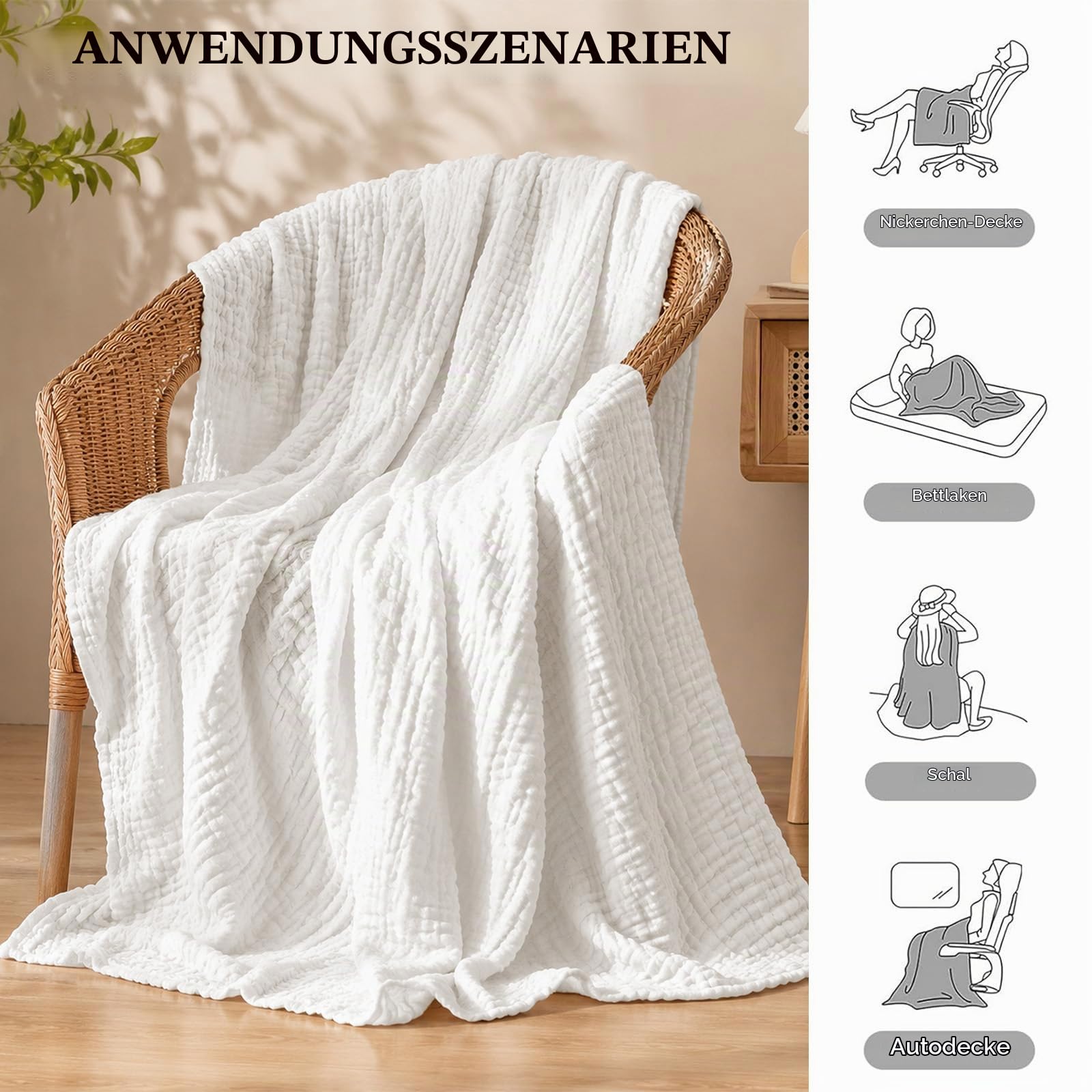 Musselin Decke, Muselindecke Erwachsene, Natürliche Throw Blanket Leichte Sanfte, Sommer Muslin Blanket as Cuddly Blanket, Bed, Kuscheldecke für Wohnzimmer (Weiß, 150 * 200CM)