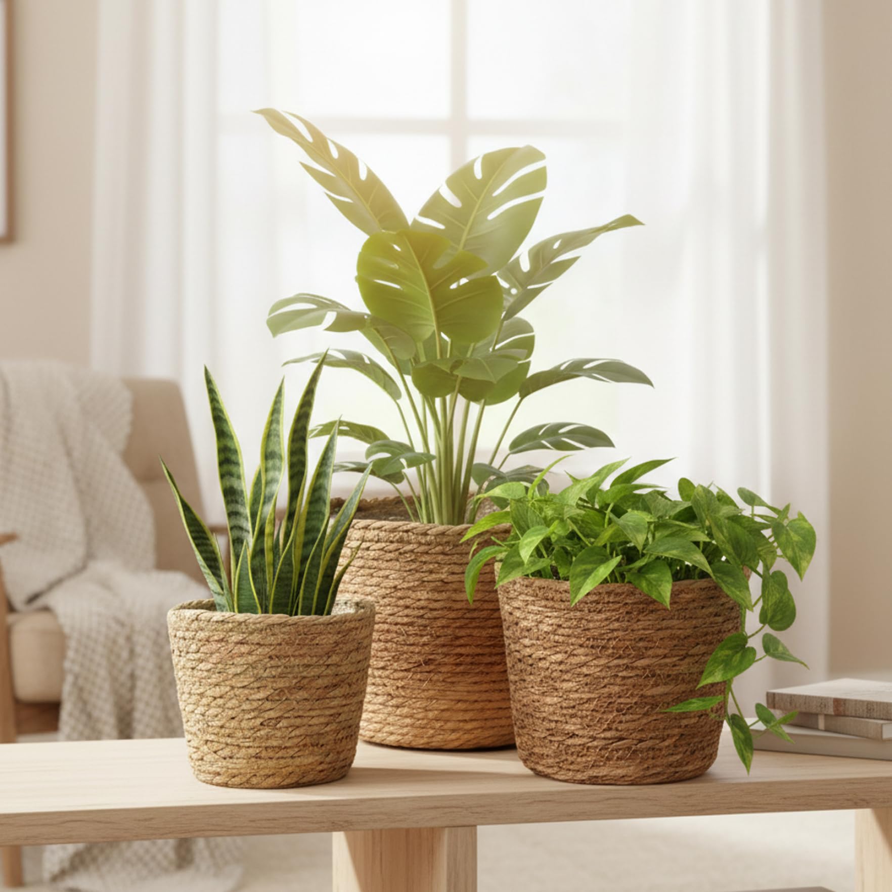 Latemeia 3-Piece Wicker Plant Pot, Handwoven Seagrass Plant Basket with Plastic Liner for Indoor Plants, Decorative Storage & Planter Cover for Home, Kitchen, Patio, Flowers