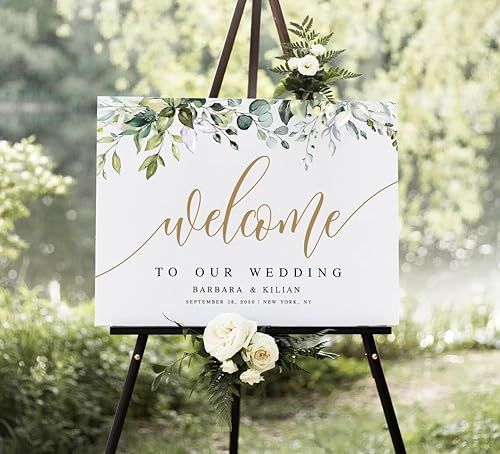 Letrero de bienvenida de boda dorado con vegetación editable, letreros de bienvenida de boda para recepción al aire libre, letreros de bienvenida