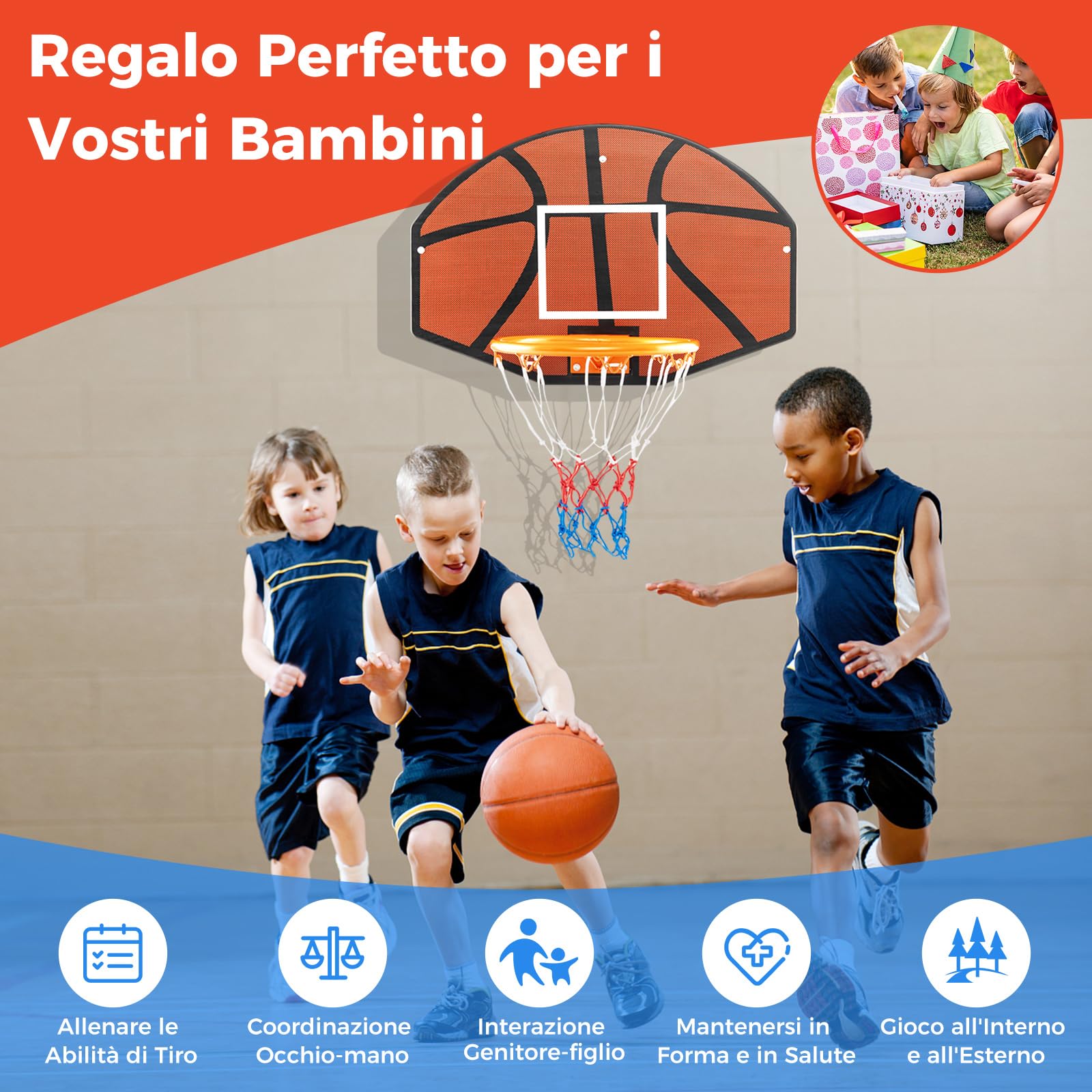 COSTWAY Tabellone Basket da Muro per Bambini e Adulti, Canestro da Basket a Parete da Interni ed Esterni con Tabellone Antiproiettile da 66,5 x 44,5 cm, Rete Anti-strappo e Accessori Completi
