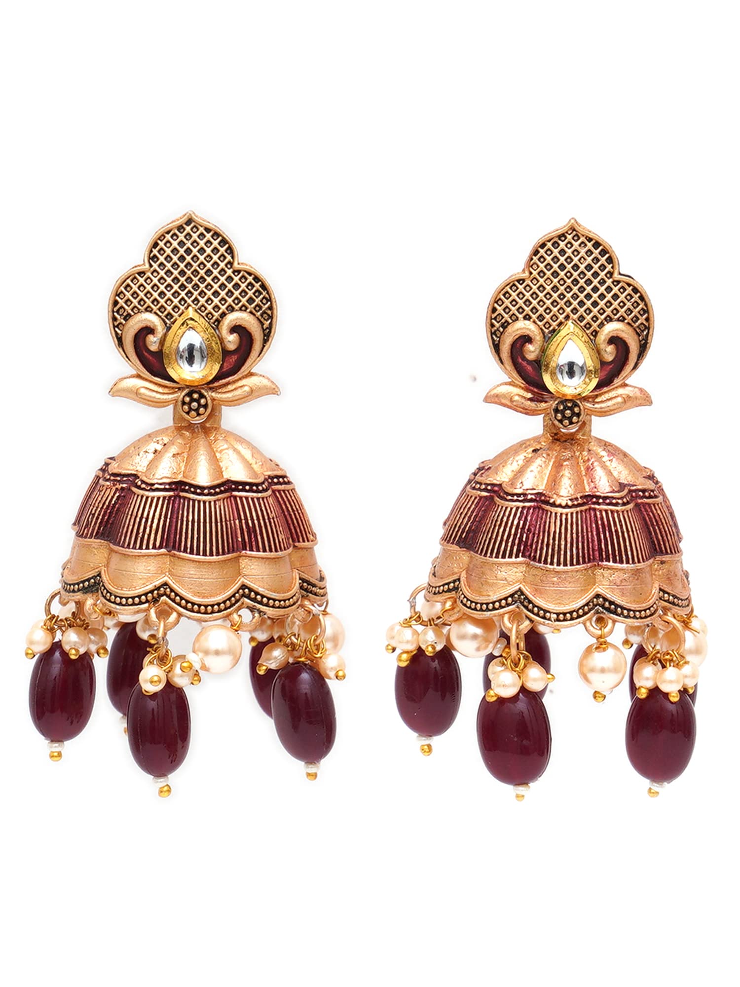 Karatcart Gold Plated Maroon Tumble and Golden Pearl Studded Jhumki Earrings for Women (B0BGJGBHGJ) Amazon Price History, Amazon Price Tracker