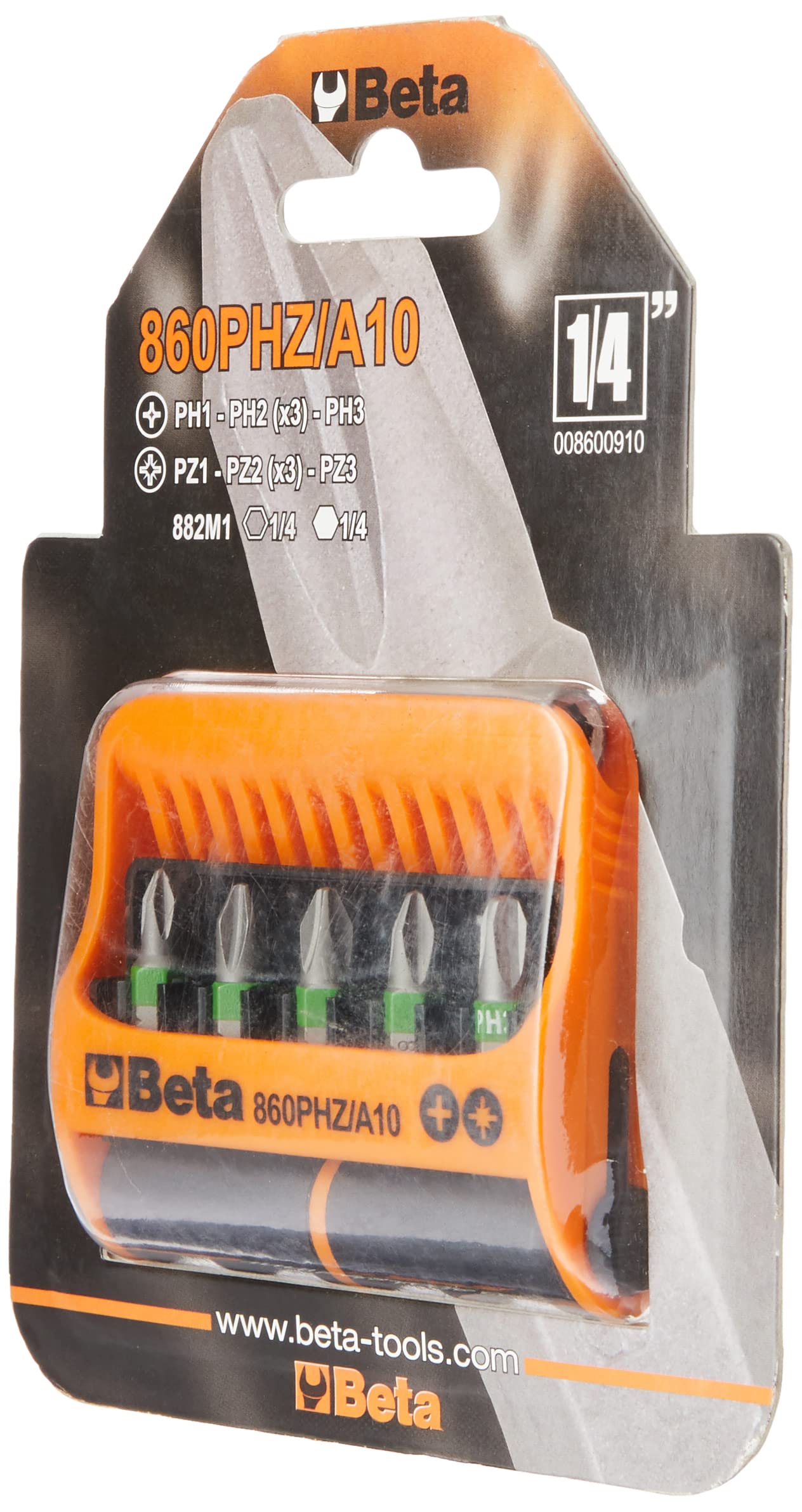 Beta 8600910 Model 860 PHZ/A10 Set of 10 Phillips and Pozi Bits with Magnetic Bit Holder In Plastic Case, 1/4 Hex - Image 3