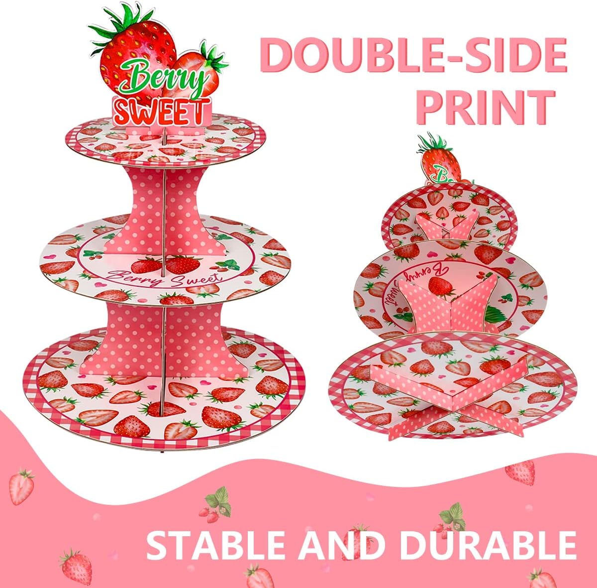 Strawberry Cupcake Stand - Berry Sweet Birthday Party Decorations, 3 Tier Round Strawberry Themed Dessert Tower Stand, Cupcake Holder Stand for Sweet One Birthday Party Decorations image 4