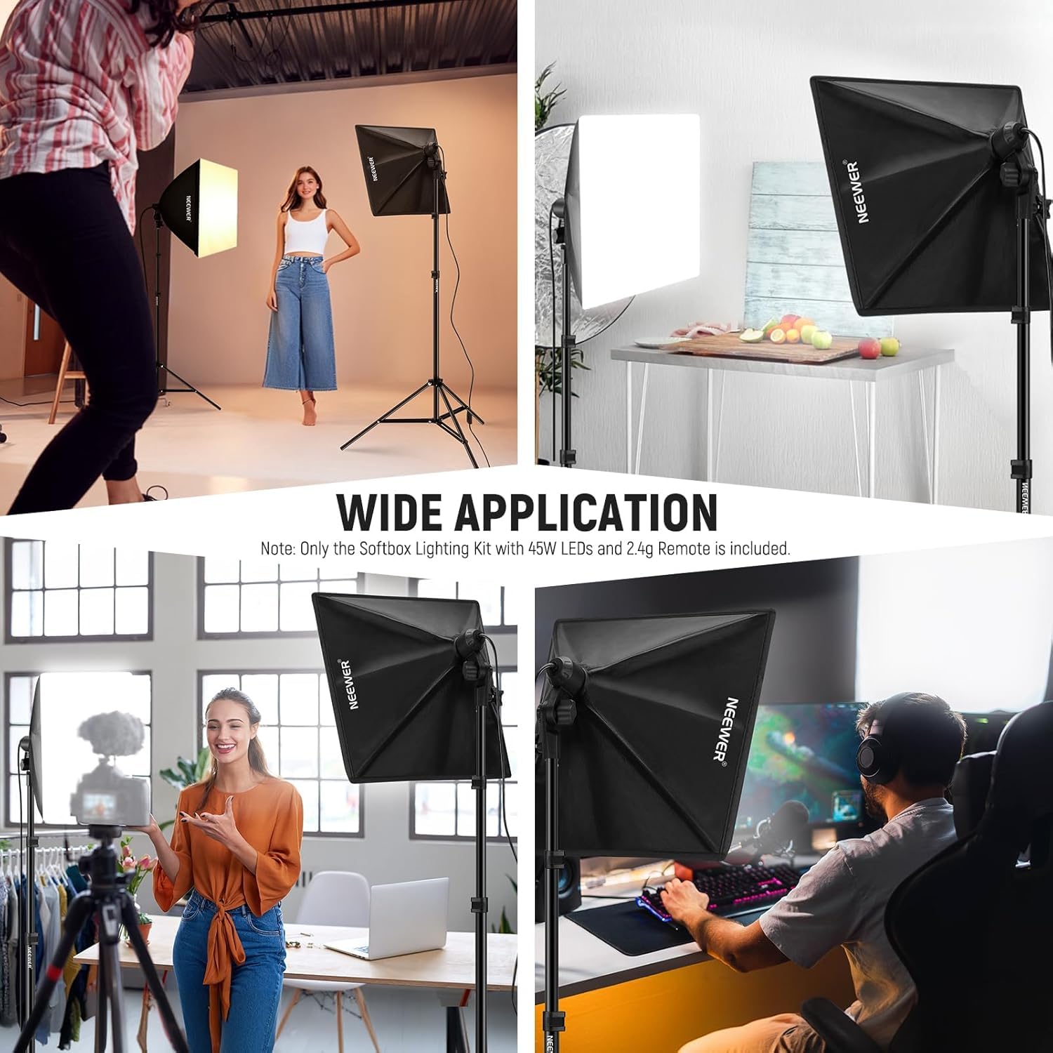 NEEWER 24" x 24" Softbox zestaw oświetleniowy ze stojakiem na statyw, 2 sztuki, 45 W, dwukolorowe żarówki LED 2,4 G, 10 kanałów, 2900 K-7000 K, 1400 lux/m, CRI95, pilot zdalnego sterowania 20 m