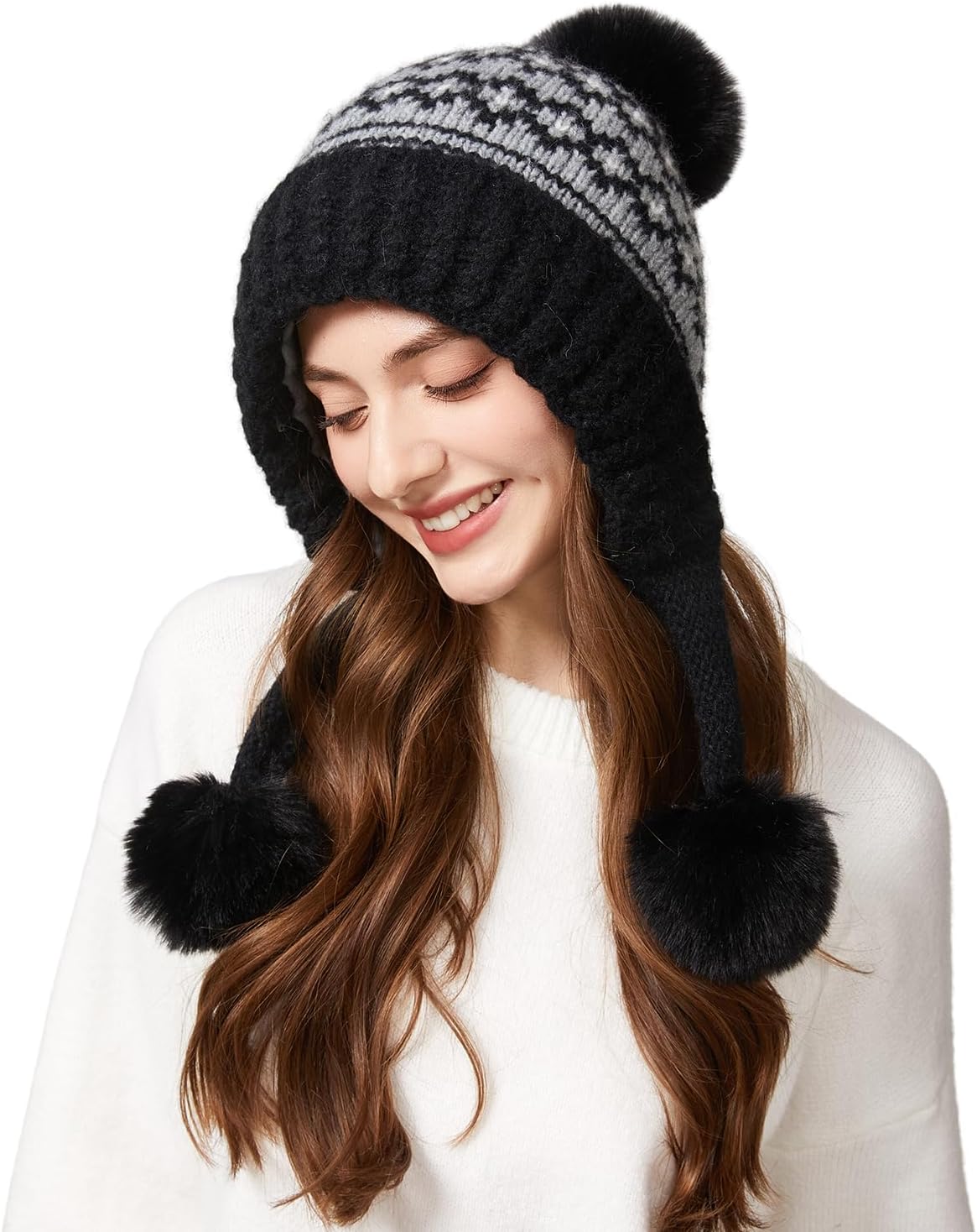 Winter Beanie Hat for Women Warm Fleece Lined Pom Knit Earflap Hats Cute Outdoor Snow Ski Skull Cap