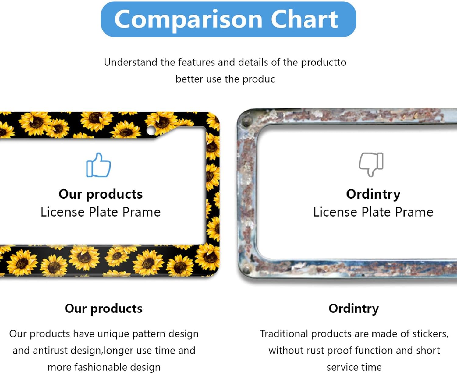 Sunflower Pattern License Plate Frames - Aluminum Slim Design, Rust-Proof & Easy Installation,2 Pack image 4