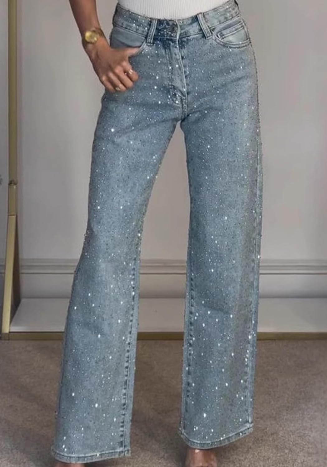 NRTHYE Womens High Waisted Rhinestone Jeans Baggy Straight Wide Leg Shiny Diamond Casual Denim Pants Trousers - Image 3