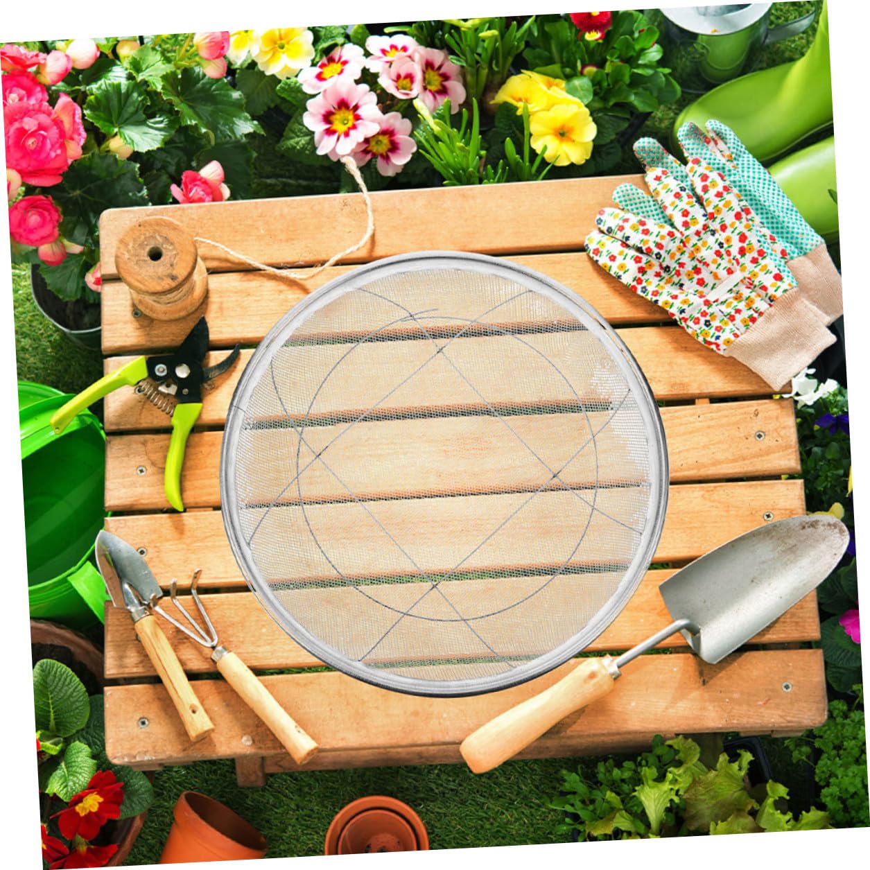 YARNOW Edelstahl Gartensieb 42cm Rund Erdsieb mit 2mm Maschenweite Feinmaschig Bodensieb für Erde Kompost Sand Steine Kompostsieb Metall Durchwurfsieb Gartenzubehör zur Pflanzung