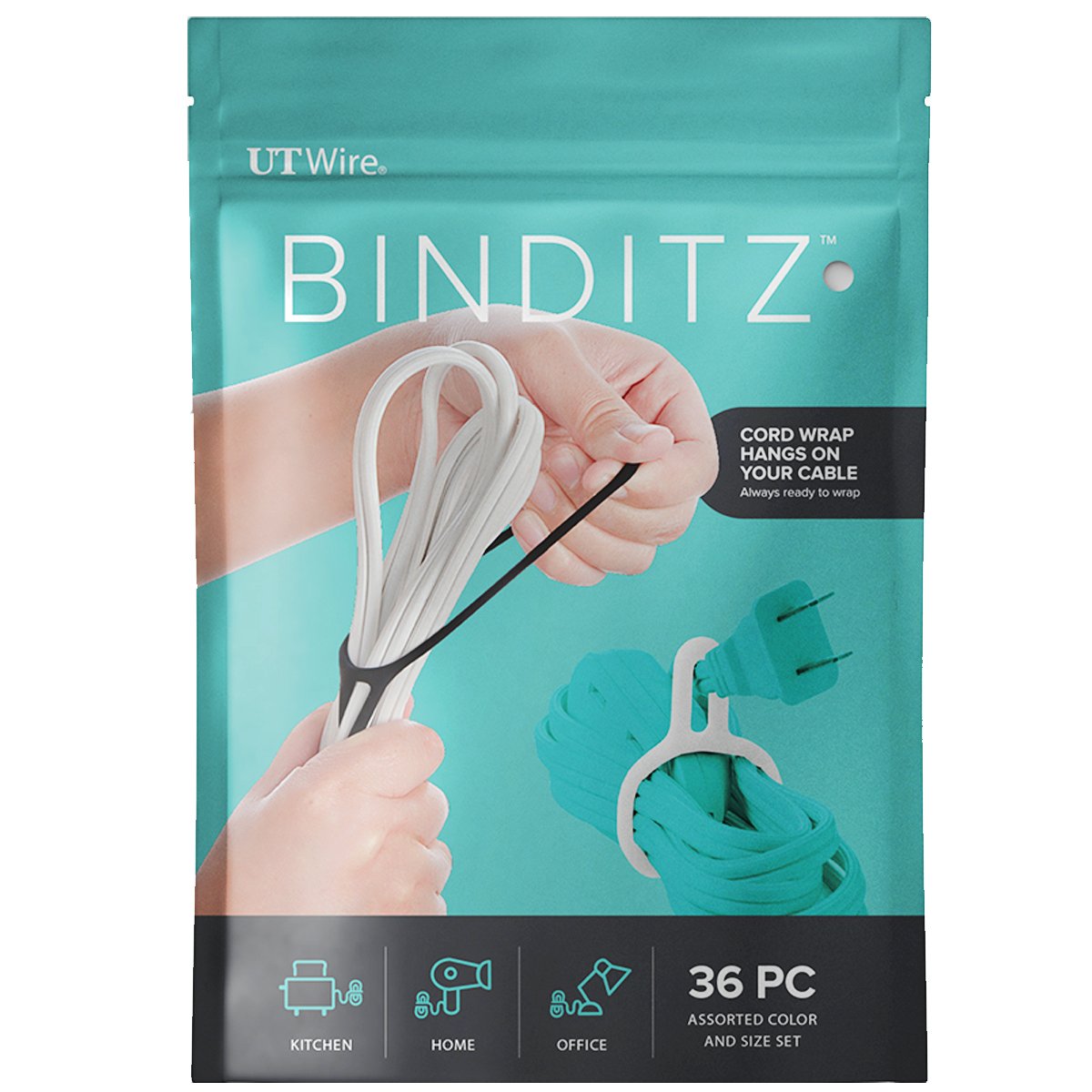 UT Wire Attachable Binditz Silicon Cable Wrap for Home Kitchen Small Appliances Computer Hair Dryer Cords in White/Black Set of 36 Assorted Sizes (UTW-R36-01)