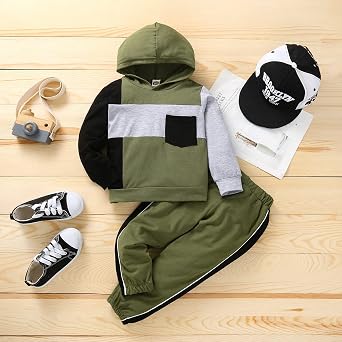 Toddler Baby Boy Clothes Long Sleeve Hooded Pullover Colorblock Sweatshirt + Pants 2Pcs Outfits Set...