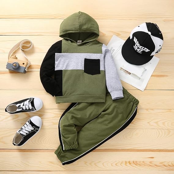Toddler Baby Boy Clothes Long Sleeve Hooded Pullover Colorblock Sweatshirt + Pants 2Pcs Outfits Set...