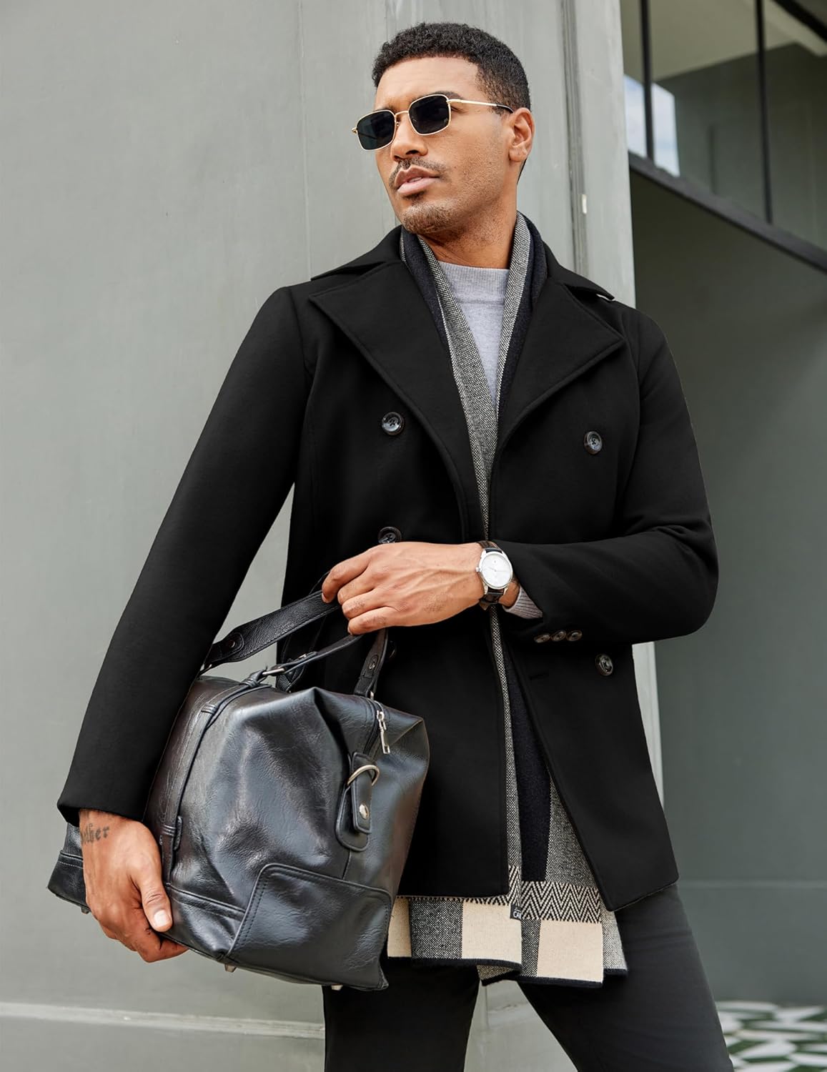 COOFANDY Men's Double Breasted Pea Coat Winter Overcoat Short Trench Coat Notched Collar