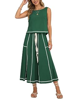 Women’s 2 Piece Cotton Skirt Set Sleeveless Draped Tank Top Drawstring Midi Skirt Y2K Lounge Outfits - Amazon product rated Grade A