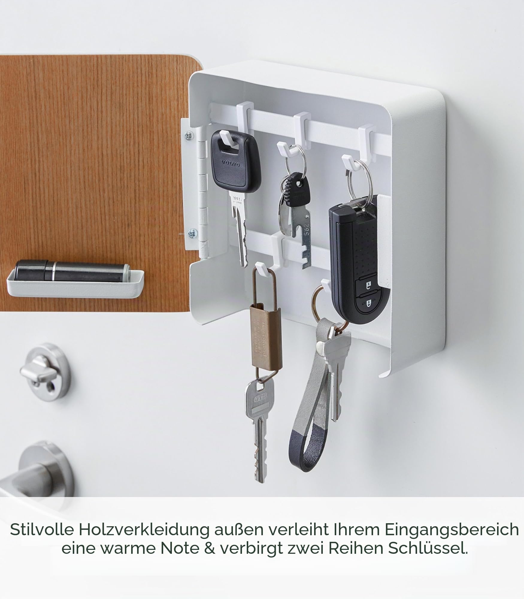 YAMAZAKI RIN Magnetischer Schlüsselkasten aus Stahl - mit Abdeckung aus Sperrholz, mit 5 Schlüsselhaken, Schraubmontage - 5,7 x 15,8 x 15,8 cm, Japanisches Design, weiß