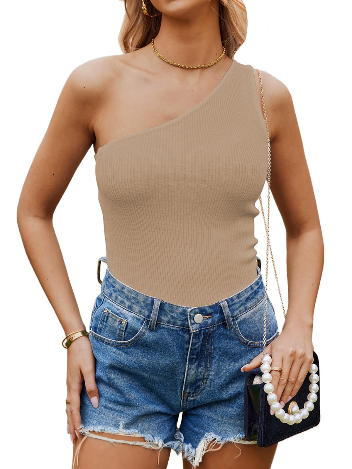 Poetsky Womens One Shoulder Tank Tops Summer Sleeveless Ribbed Knit Shirts Slim Fitted Tee Blouses