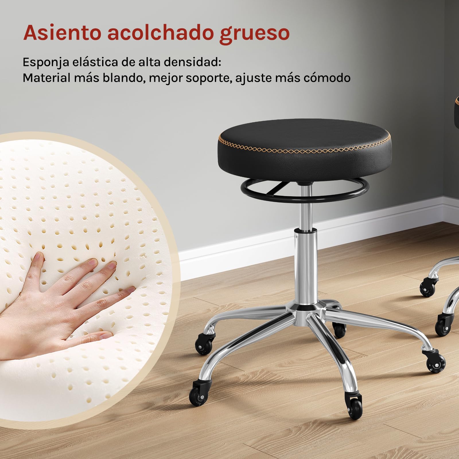WOLTU Taburete con Ruedas, Taburete Oficina de PU, Negro | Silla de Trabajo, Altura Ajustable, Silla Giratoria para Masajes, Oficina, Clínica y Laboratorio
