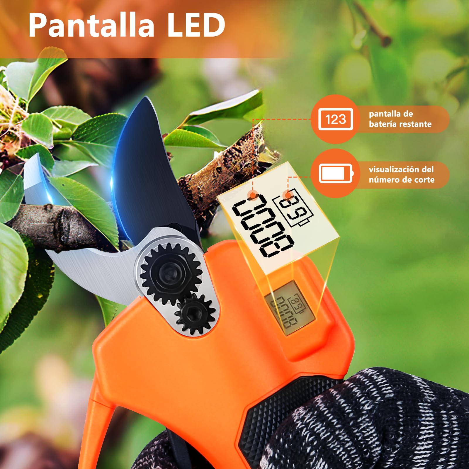 Tijeras de Podar Eléctricas, Profesional Tijeras de Podar con Motor Brushless, LCD Pantalla, 2000 mAh Bateria, SK5 Suchillas, Tijeras de Jardín Eléctricas para Jardinería, Árboles Frutales, Viñedos