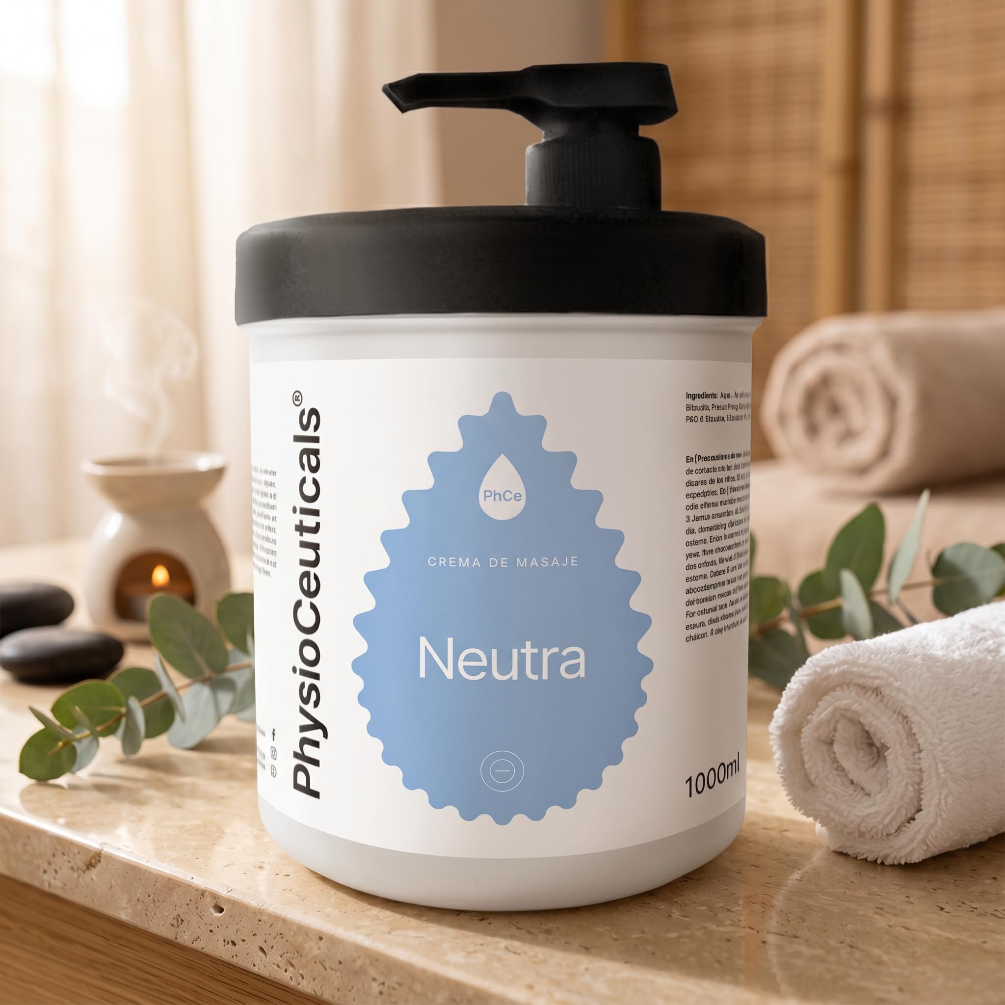 PHYSIOCEUTICALS - Crème de Massage Neutre professionnelle 1000 ml + Pompe doseuse - Base sans parfum à la vitamine F - Idéale pour la physiothérapie, le chiroprassage et les spécialistes
