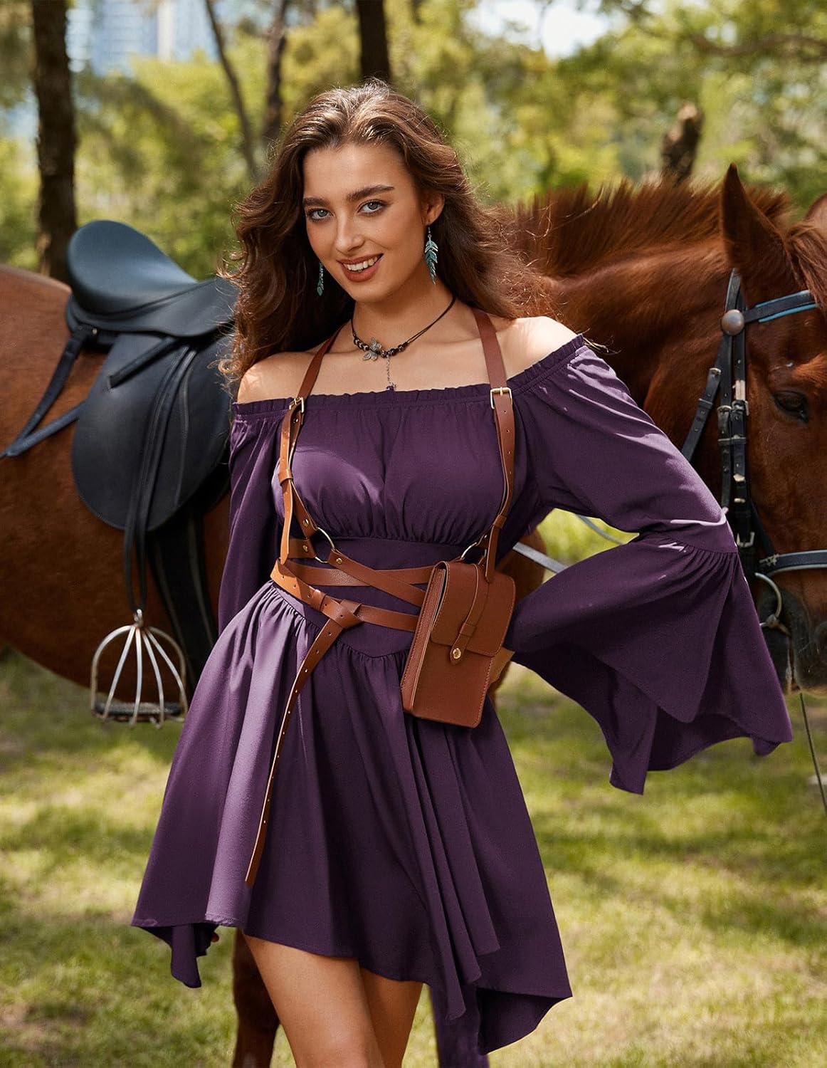 Scarlet Darkness Renaissance Costume Women Pirate Peasant Off Shoulder Bell Sleeve Fairy Dress - Image 7