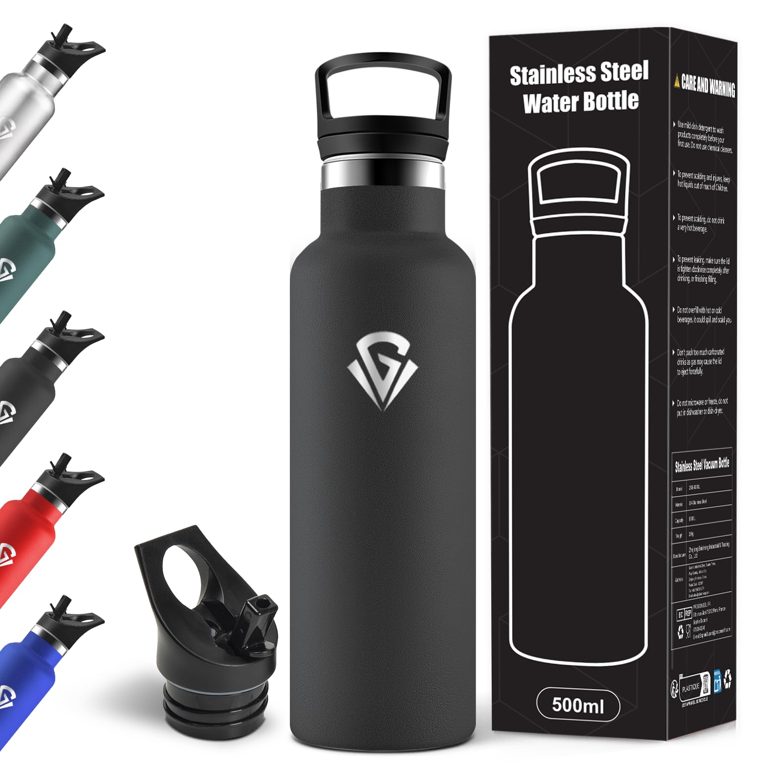 Motswedi Insulated Water Bottle, 500 ml, BPA Free, 2 Lids (Incl. Straw), Stainless Steel Water Bottle, 304 Stainless Steel, Water Bottles Ideal for School, Yoga and Everyday Use – Black