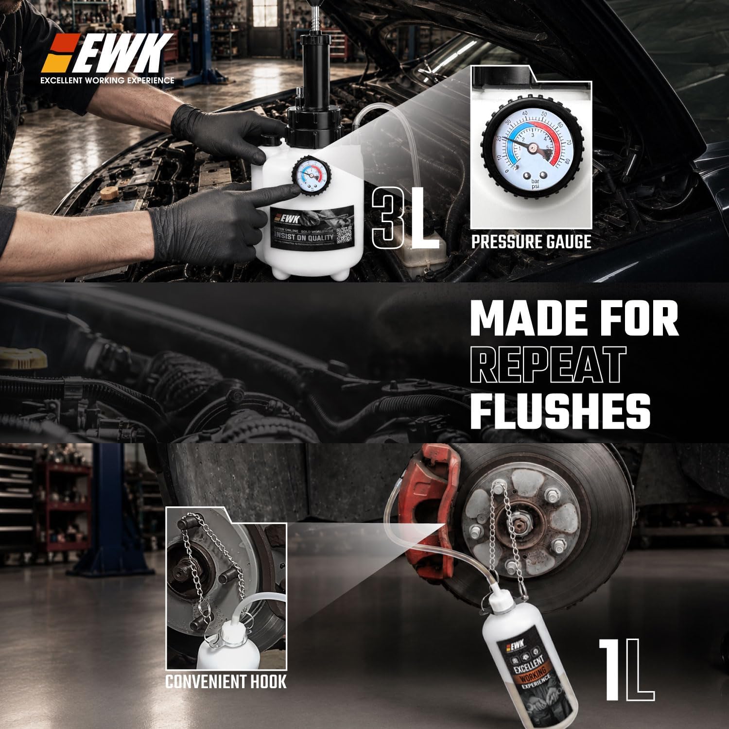 EWK 3L Manual Brake Bleeder Kit with Pressure Gauge & 1L Brake Bleeder Bottle, One-Person Brake & Clutch Fluid Flush Tool with Universal Adapters for Cars, Motorcycles & ABS Systems