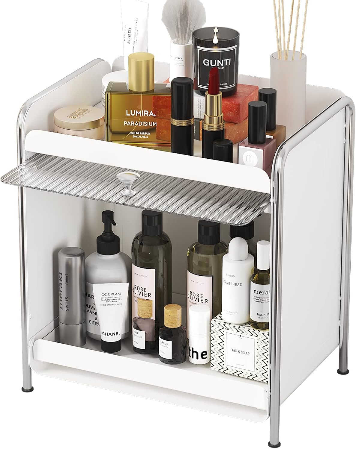 Wisdom Star Makeup Organizer for Vanity, Elegant Bathroom Organizer Countertop with Semi-transparent Lid for Cosmetics, Lipsticks, Skincare, Perfume, Ideal for Cosmetic Display Cases, White : Beauty & Personal Care