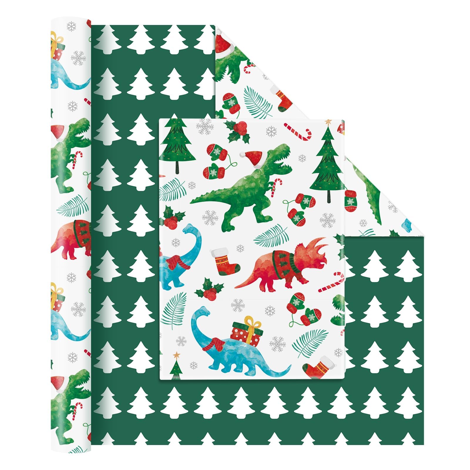 WERNNSAI Dinosaur Christmas Wrapping Paper Jumbo Roll - 1 Roll 17” x 33 ft Dino Kids Christmas Wrapping Paper Funny Christmas Wrap Decoration Reversible Xmas Tree Party Gift, Green