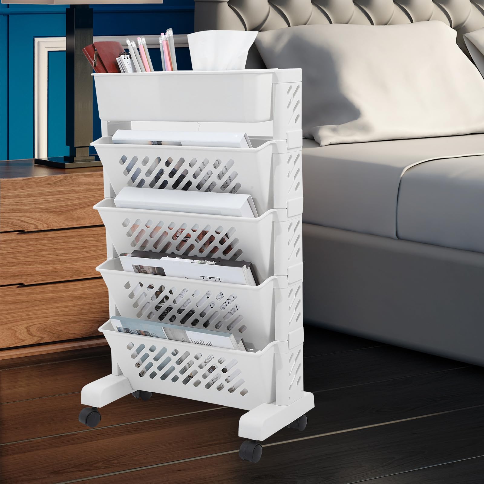 ABOOFAN Scaffale Portaoggetti Cucina Bianco in Plastico Multi-strato Ruote, Organizer Libri Grande Capacità di Carico per Casa e Ufficio