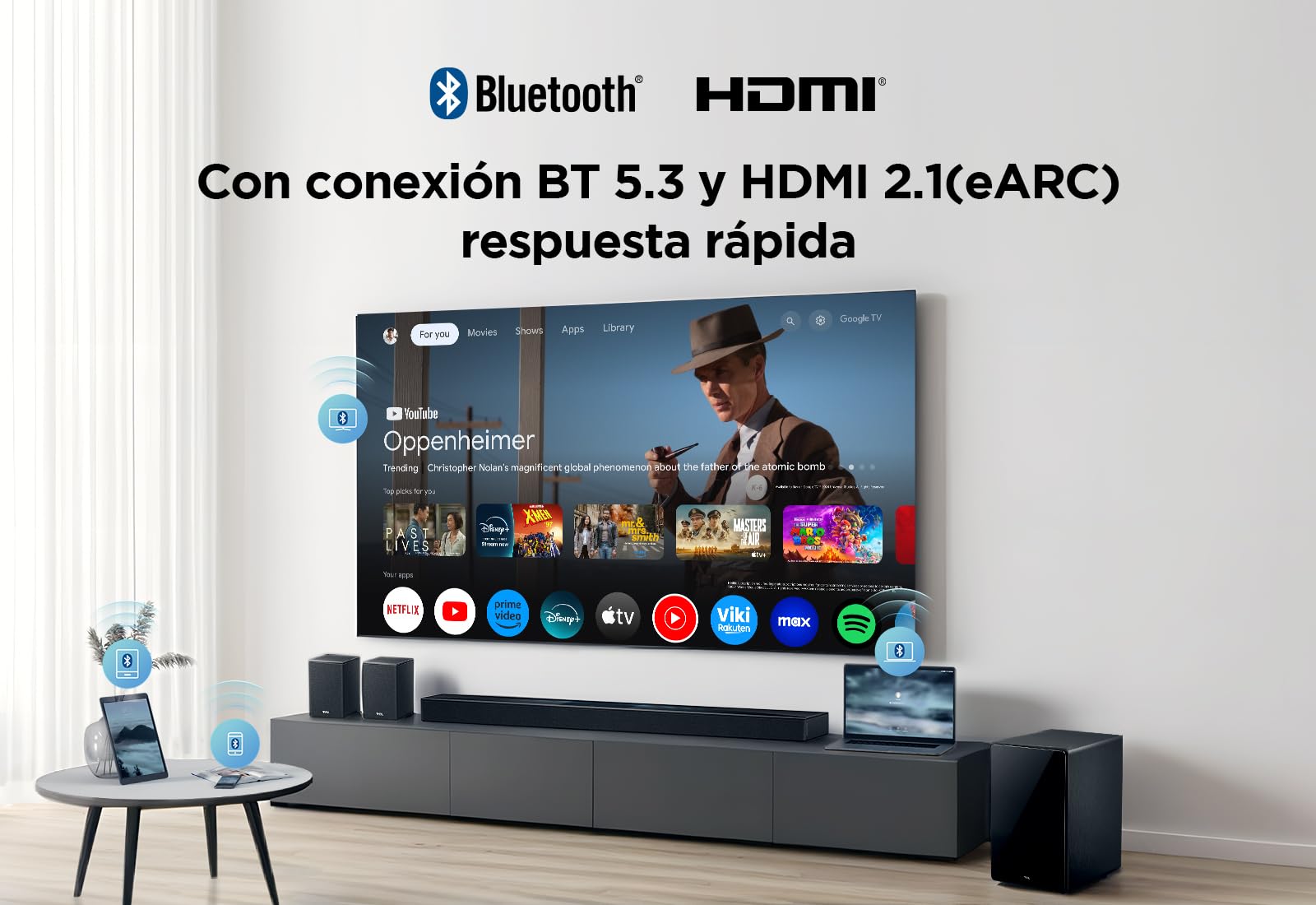 TCL Q85H Barra de Sonido 7.1.4, 860W, Subwoofer y Altavoces Traseros Inalámbricos, Dolby Atmos, DTS Virtual:X, Ray Danz, HDMI eARC, AirPlay 2, Tutti Choral