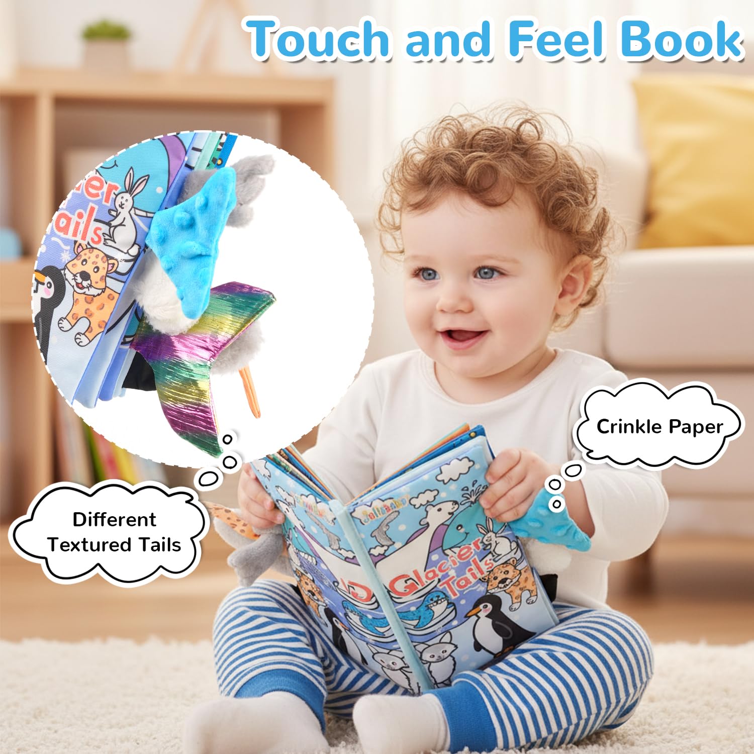 Libros de tela para bebé, libros de cola, libros de actividad arrugados suaves para el desarrollo temprano de los niños pequeños de 3 meses (colas de océano) 2