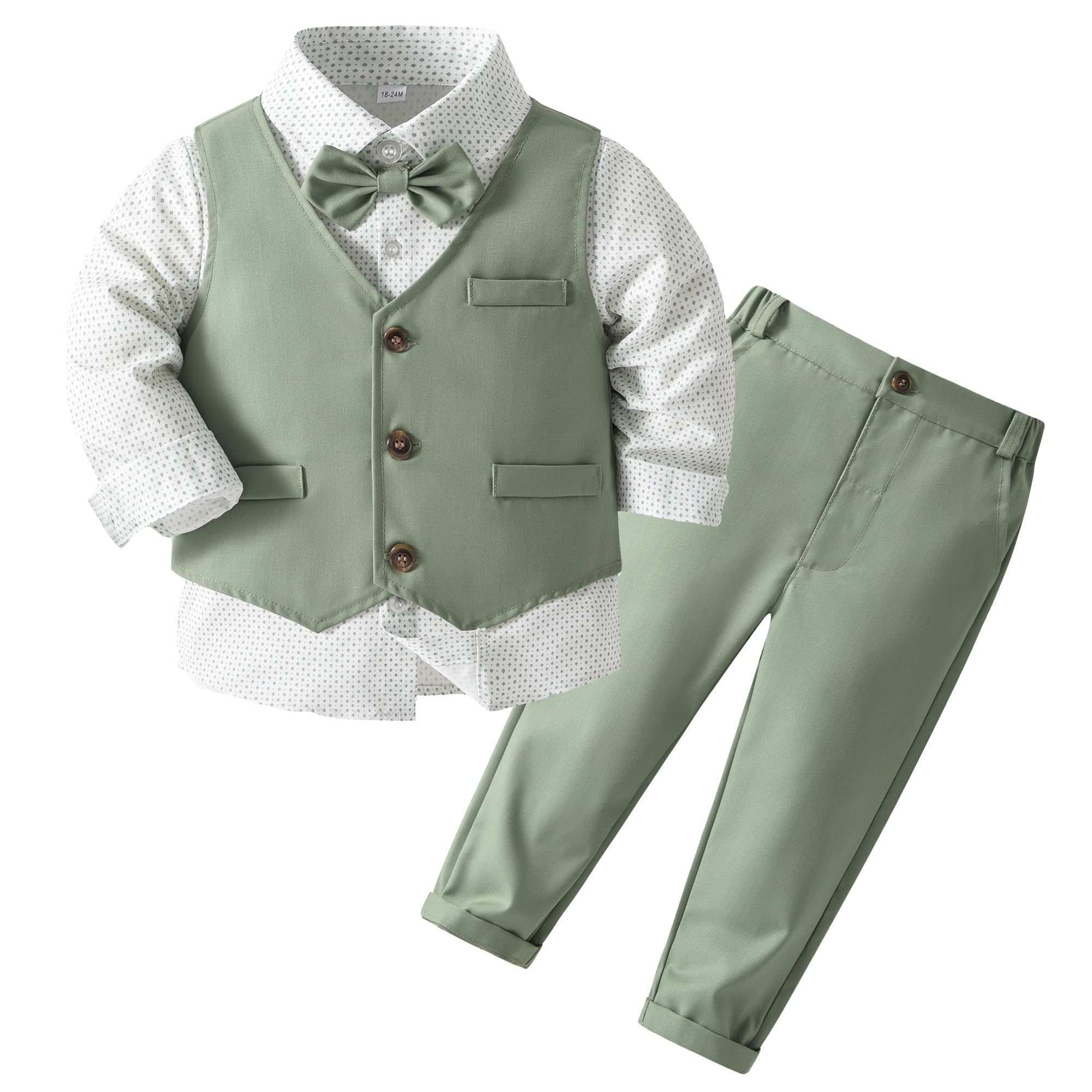 Kimocat Boys 3Pcs Clothing Sets Elegant Long Sleeve Shirts + Vest with Flower+Pants Party Suit