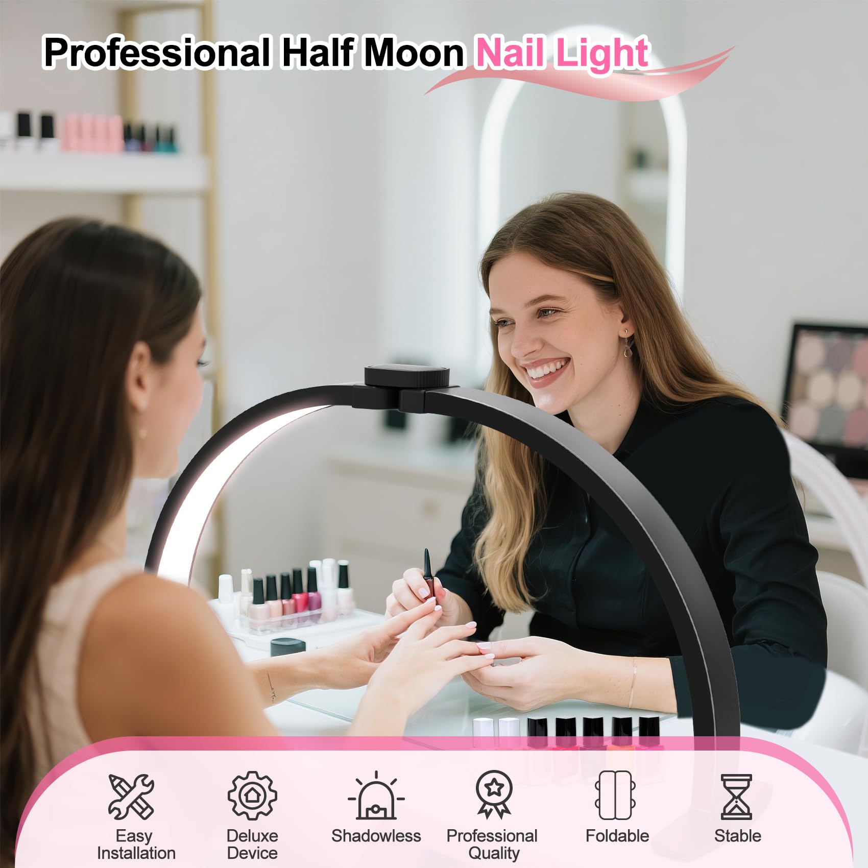 Halbmond-Licht für Nagelschreibtisch: 73,7 cm LED-Tischlampe mit Handyhalterung, professionelle Schreibtischleuchte für Salon, 3 Farbmodi und 10 Helligkeitsbeleuchtung für Maniküre-Techniker (schwarz