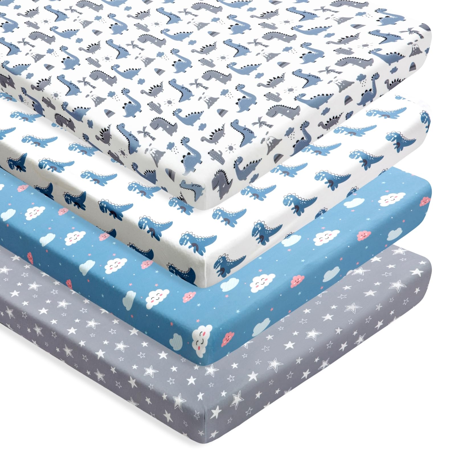 Paquete de 4 sábanas suaves para bebé niño, dinosaurio, estrella, nube, suave, poliéster, neutro, unisex, juego de sábanas bajeras para bebés y niños