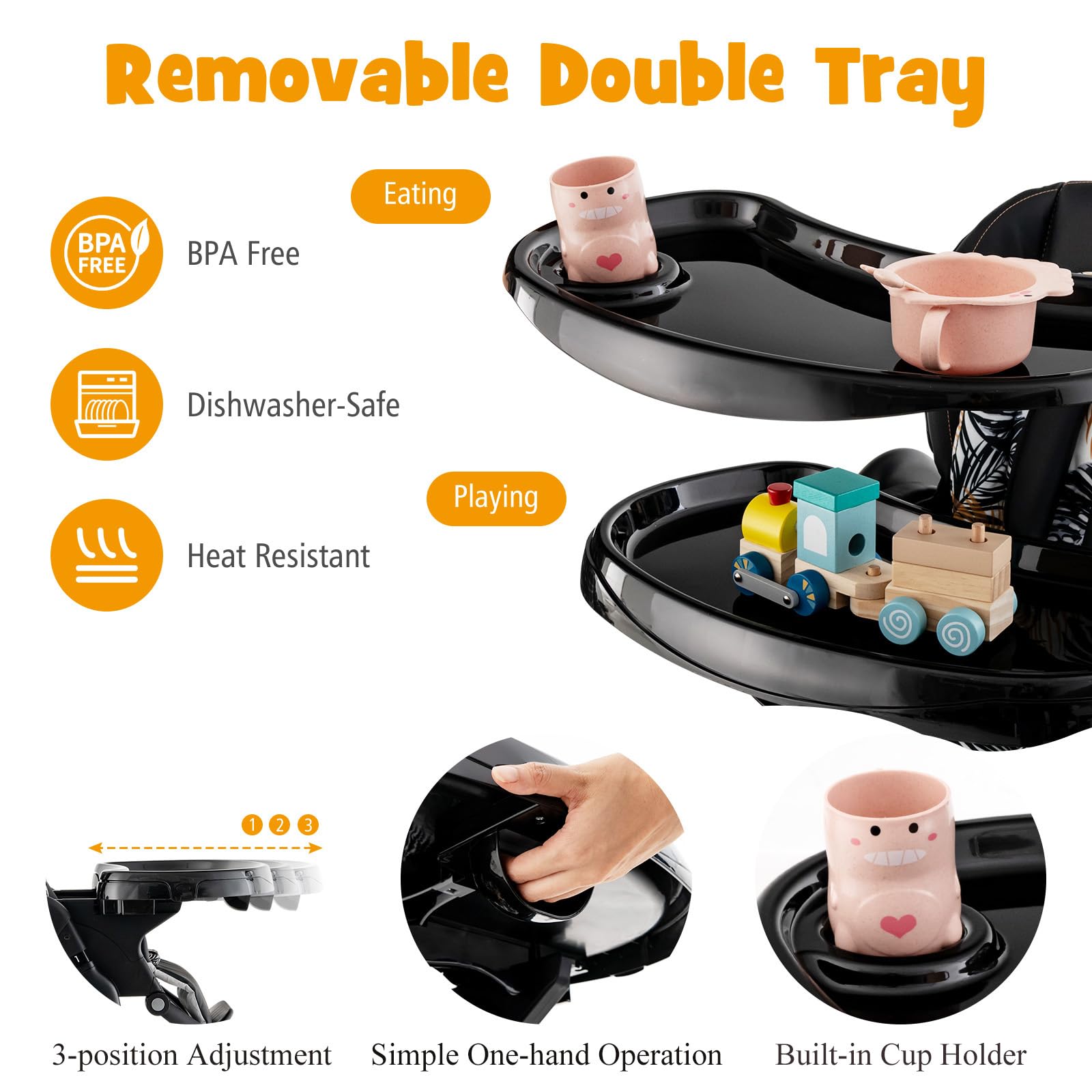 LIFEZEAL Trona Plegable con 7 Posiciones de Ajuste de Altura, Respaldo Reclinable, Trona Evolutiva con Cojín Confort, Doble Bandeja, Articulada, 6-36 meses, Capacidad 15 kg (Negro)
