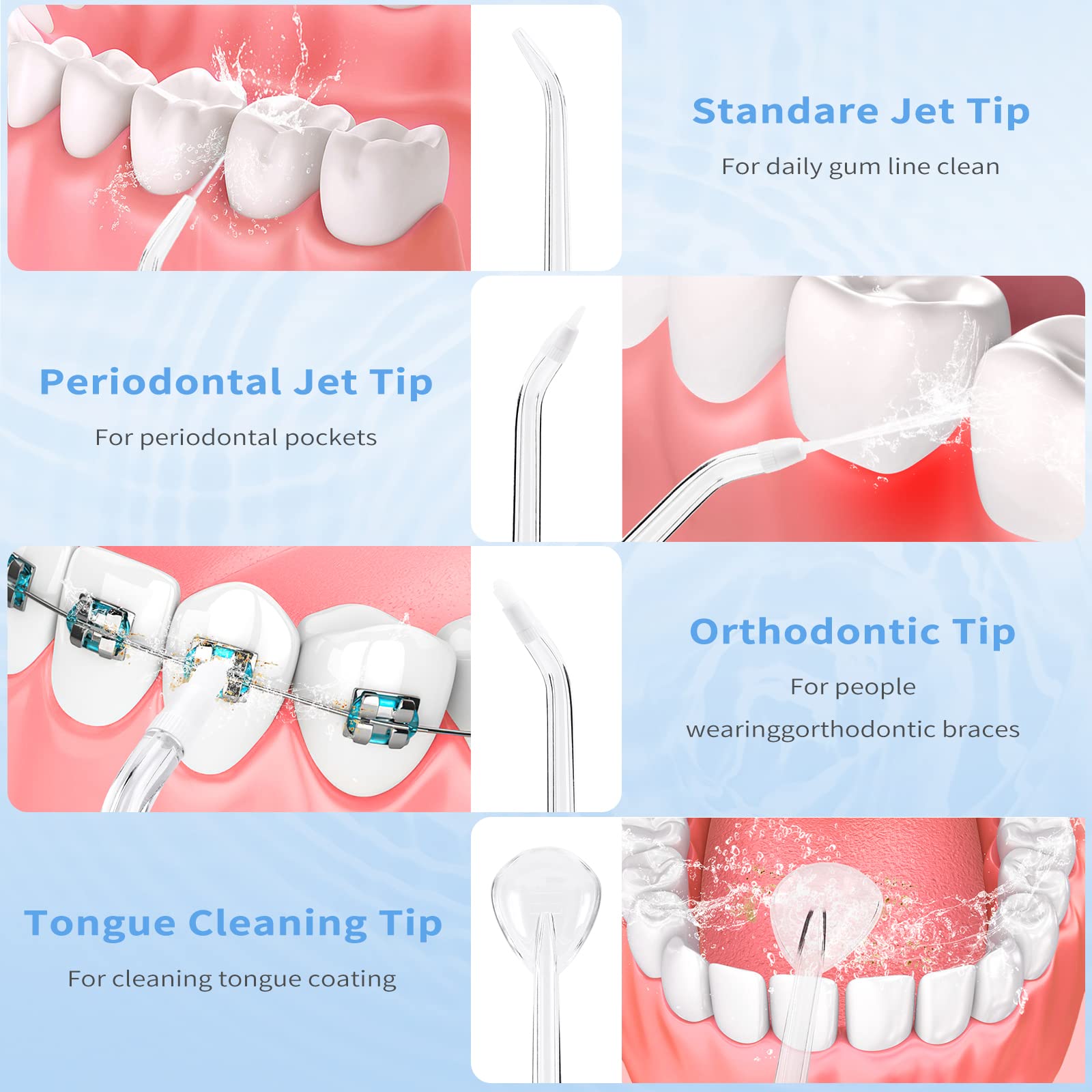 Idropulsore portatile senza fili per denti, 3 modalità e impermeabilità IPX7, mini filo interdentale ricaricabile per casa e viaggi, 4 punte a getto, per la cura dei ponti e delle bretelle.