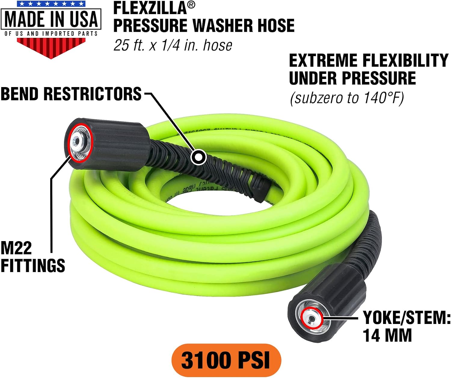 Flexzilla Pressure Washer Hose with M22 Fittings, 1/4 in. x 25 ft., ZillaGreen - HFZPW3425M-E
