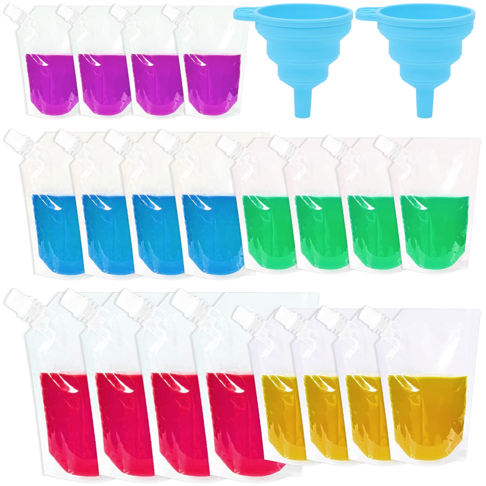 ZYNERY20 Drink Pouches and 2 Funnel, Drink Pouches for Festivals Transparent Disposable Self Standing Spout Bag Collapsible Funnel for Festival Party Camping Travel Drink