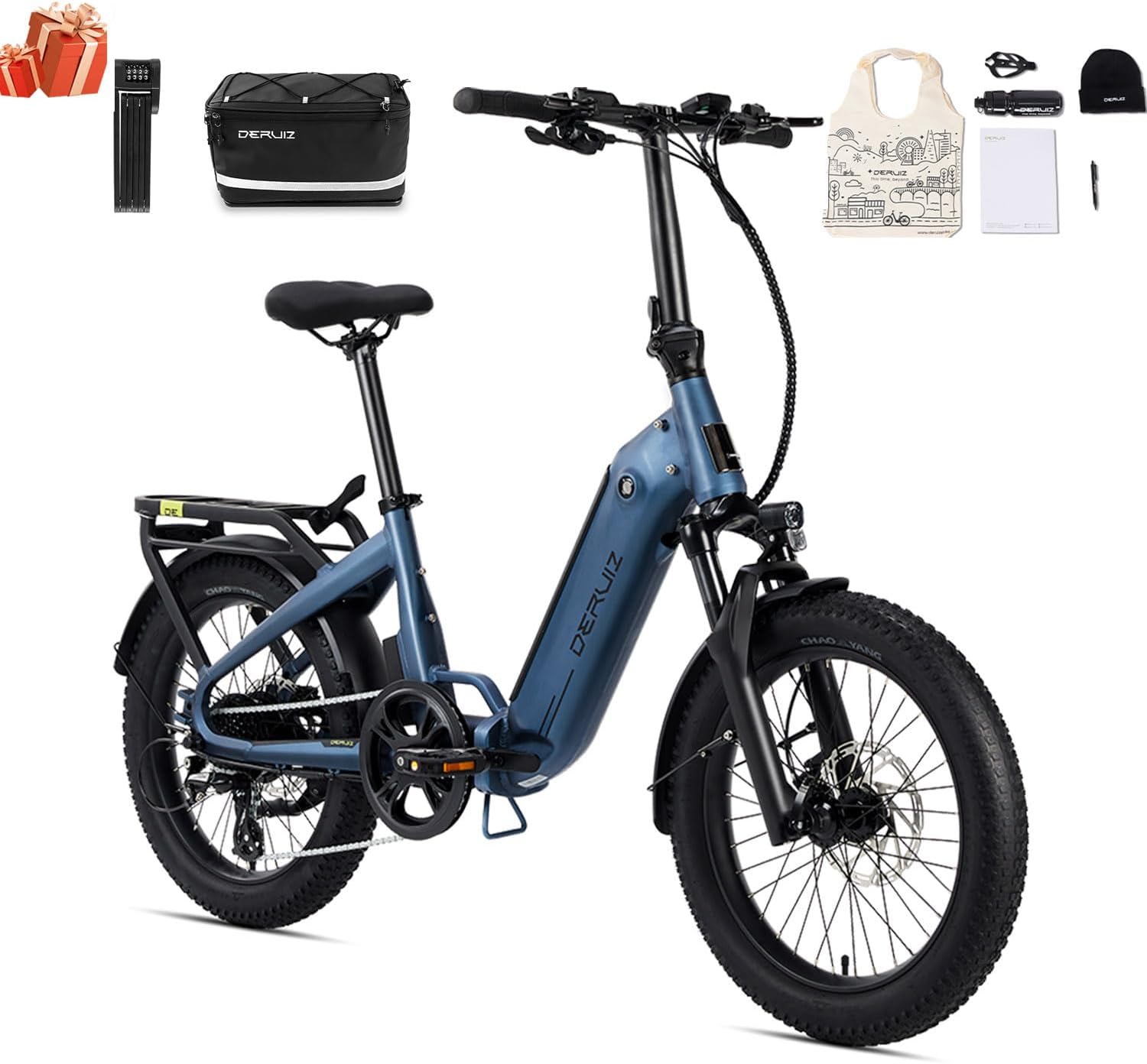 DERUIZ Peridot E-Bike 20 Inch Folding Bike Electric Bicycle, 250 W 55 N.m Rear Wheel Motor, 3 Inch Fat Tyres, 48 V/500 Wh Battery, 11-32T, 8-Speed, Hydraulic Brakes, Foldable Pedelec-143 km