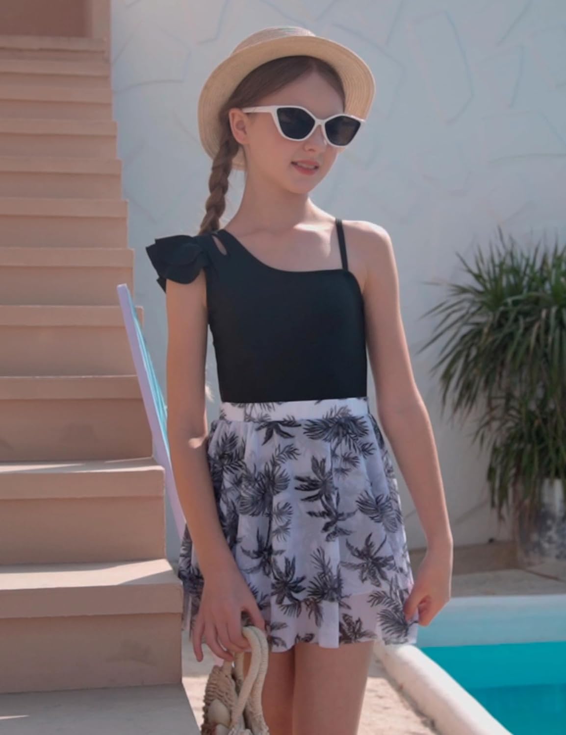 Girls Swimsuit One Piece Swimwear Top with Tropical Print Cover Up Skirt Girls Bathing Suit 7-16 Years - Image 3