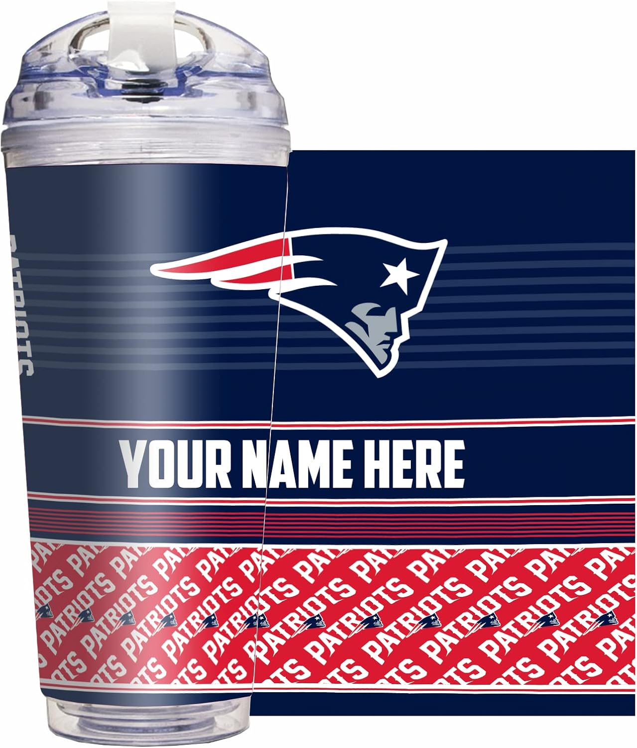 Rico Industries NFL Football New England Patriots 24oz Personalized Tumbler W/Hinged Lid - Team Colored Travel Tumbler - Keeps Drinks Cold or Hot